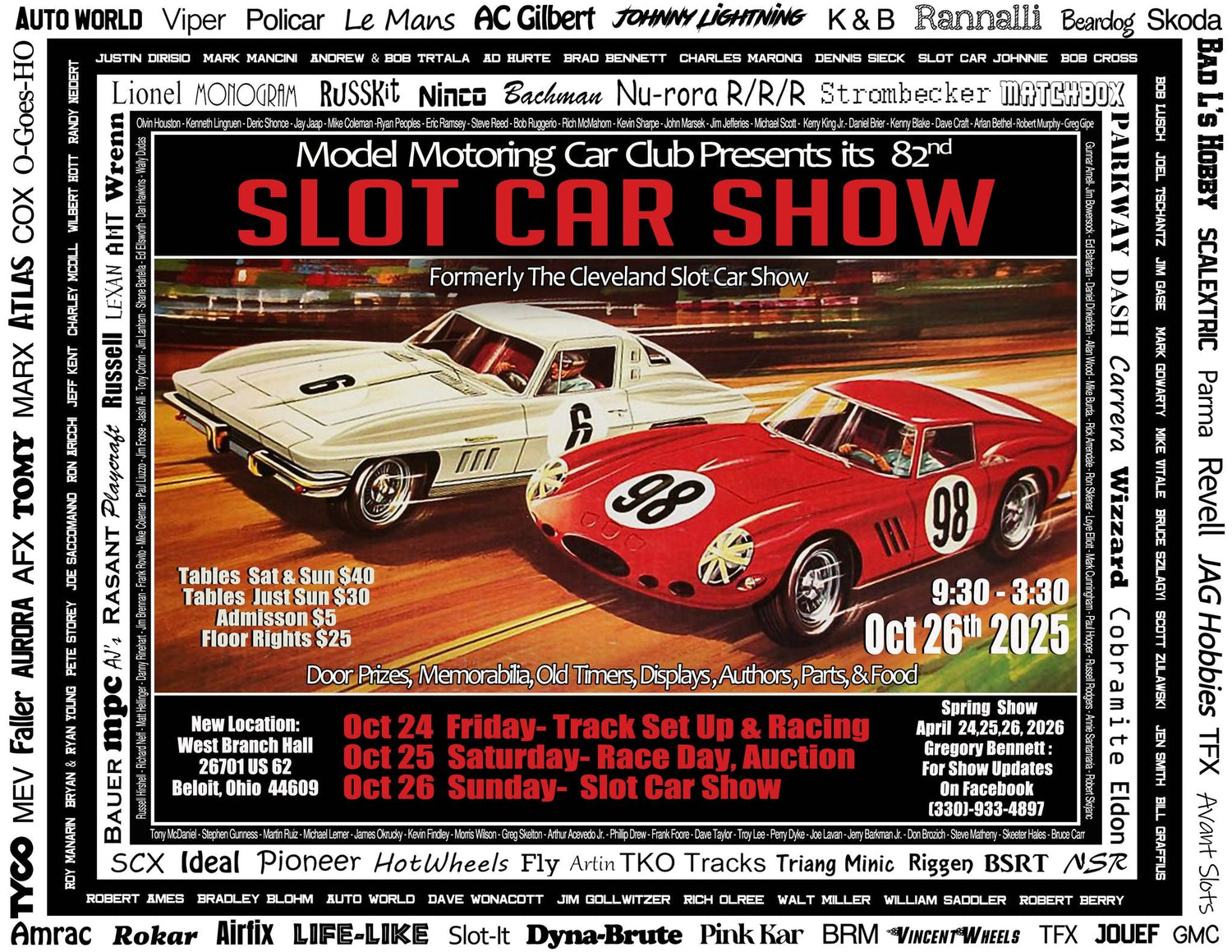 Advertisement for a slot car show featuring two racing cars on a track.