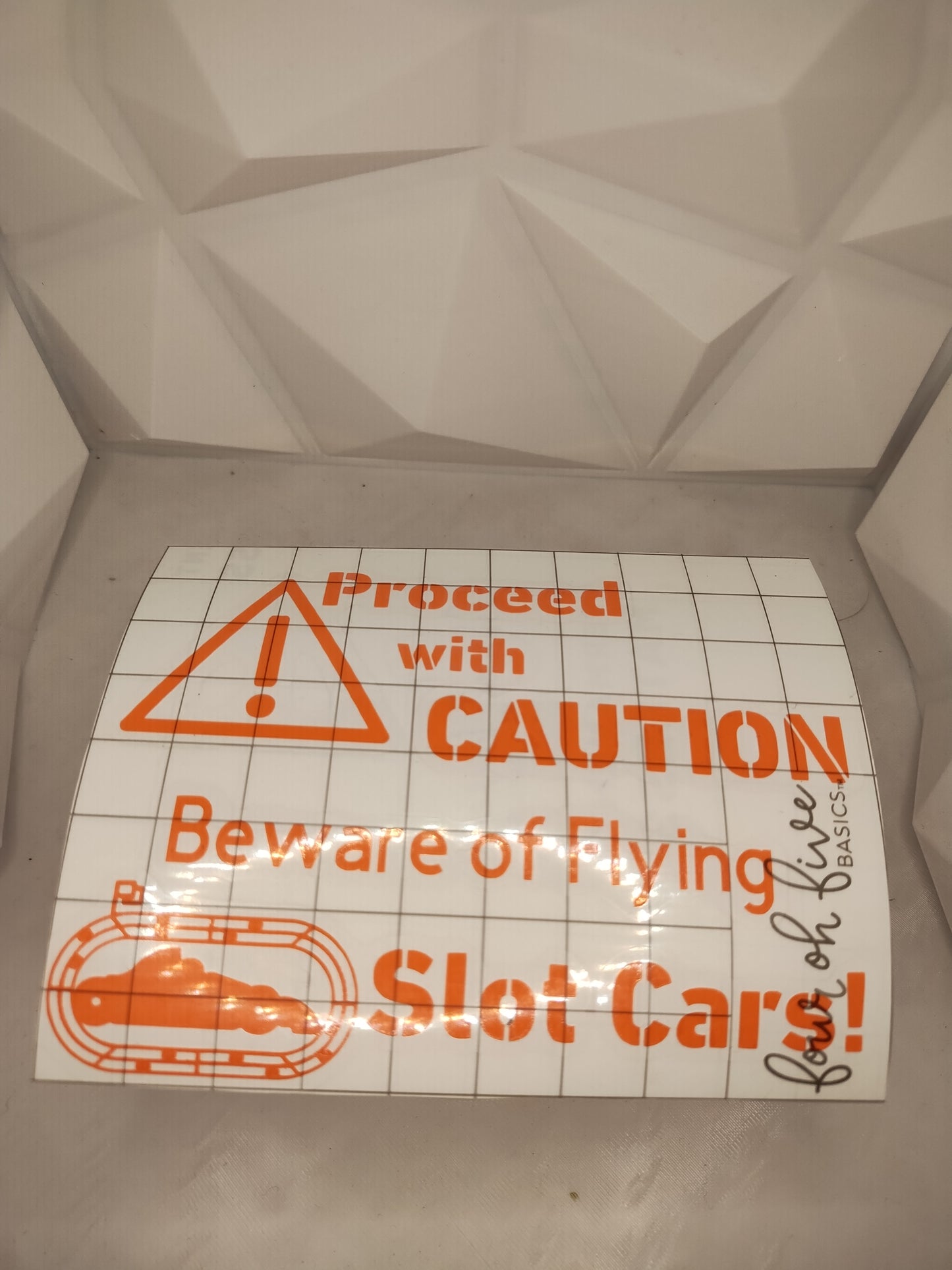 Flying slot cars warning sign decal